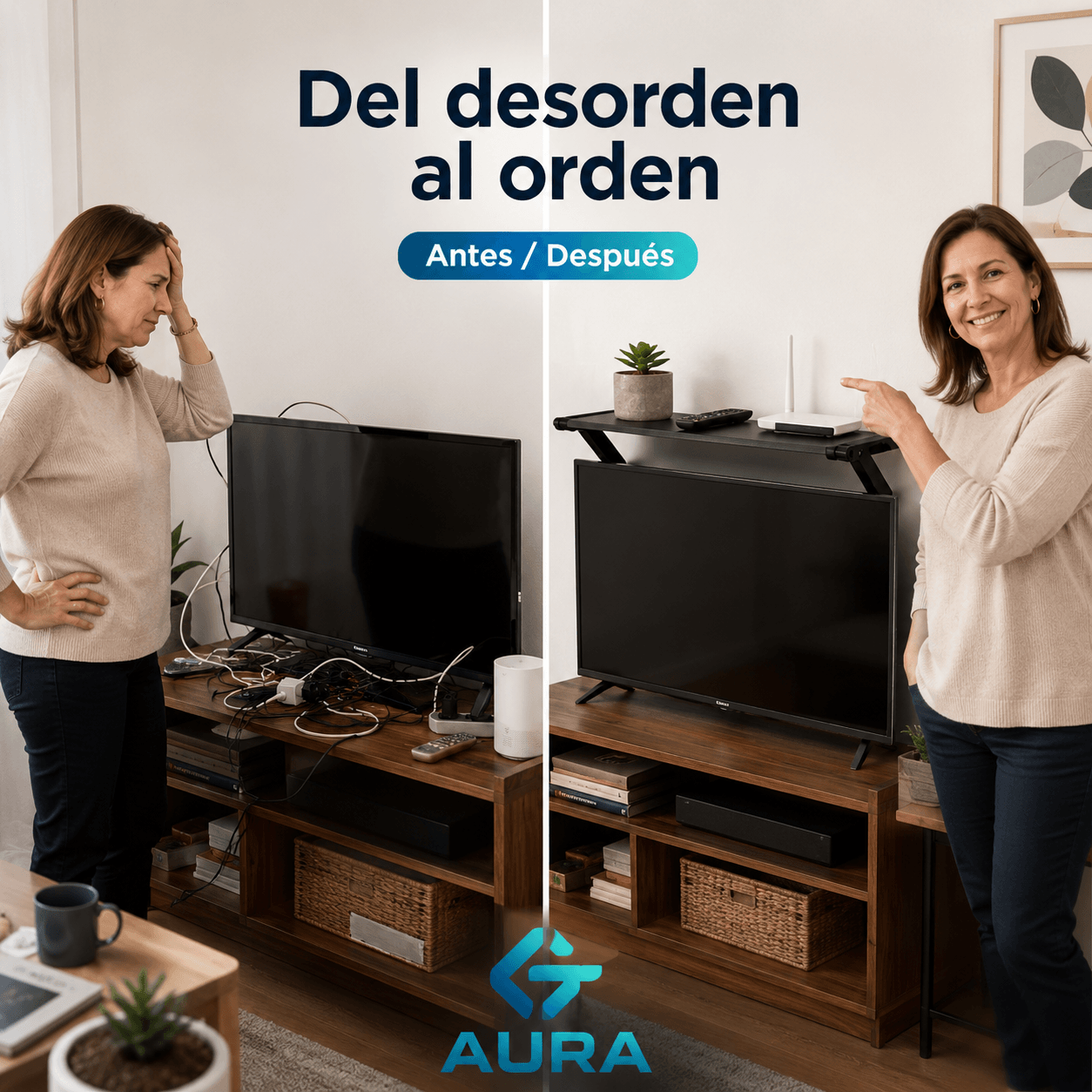 AURA®: El estante de soporte ajustable para TV que maximiza y organiza tus espacios al instante.