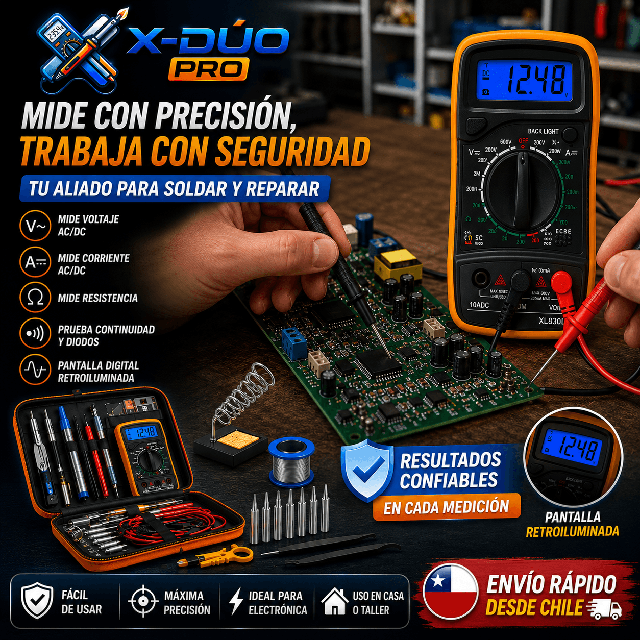 X-DUO PRO®: Medición exacta de voltajes, cautín térmico eficiente y accesorios de seguridad incluidos.