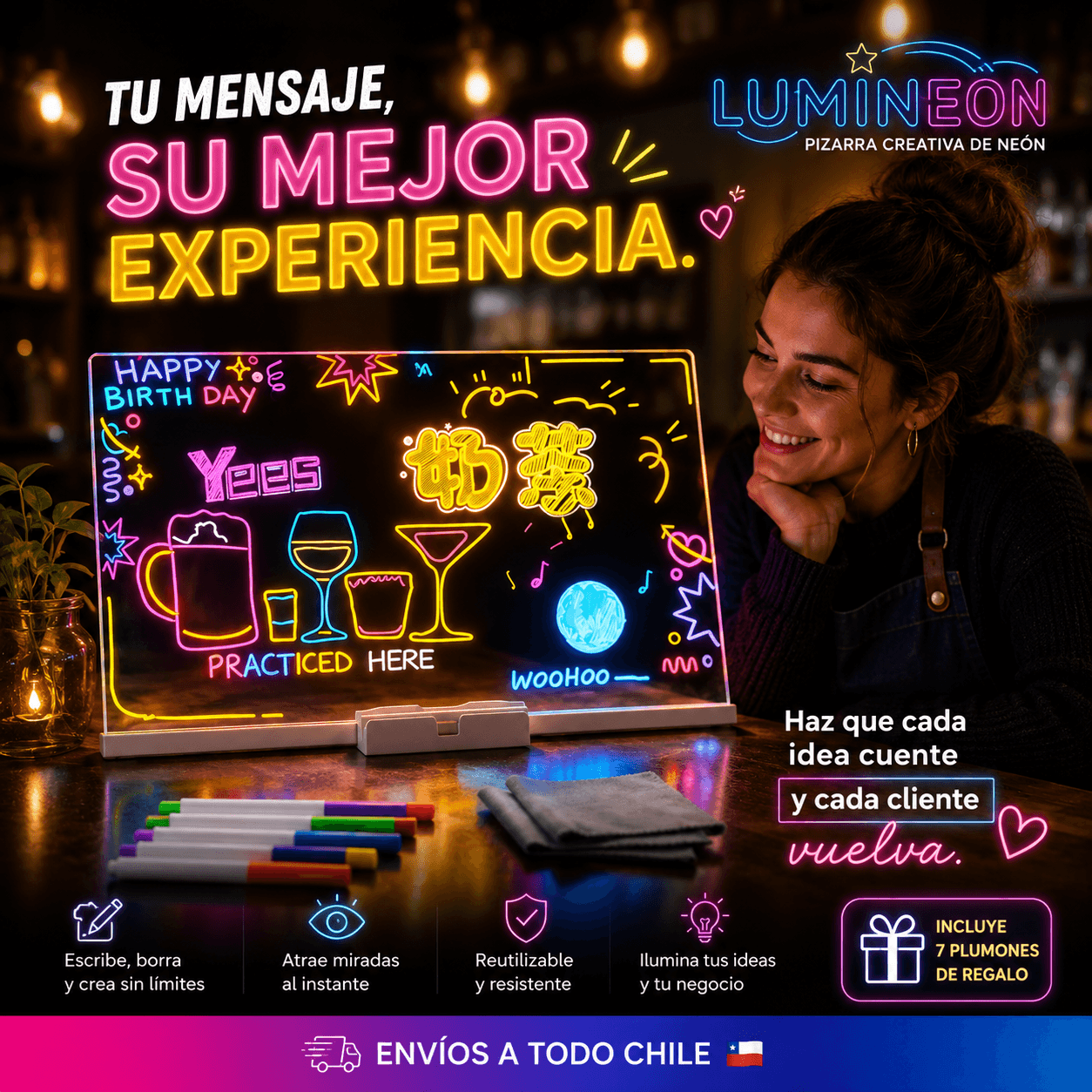 LUMINEON®: La pizarra acrílica con luz LED que transforma tus notas y dibujos en brillantes letreros de neón.