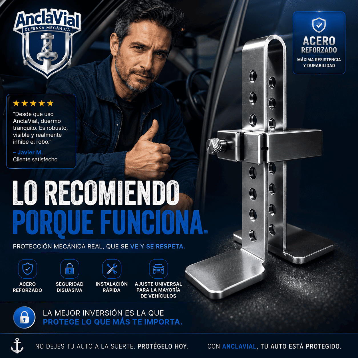 ANCLAVIAL®️: El traba pedal de acero inoxidable que hace tu auto impenetrable.
