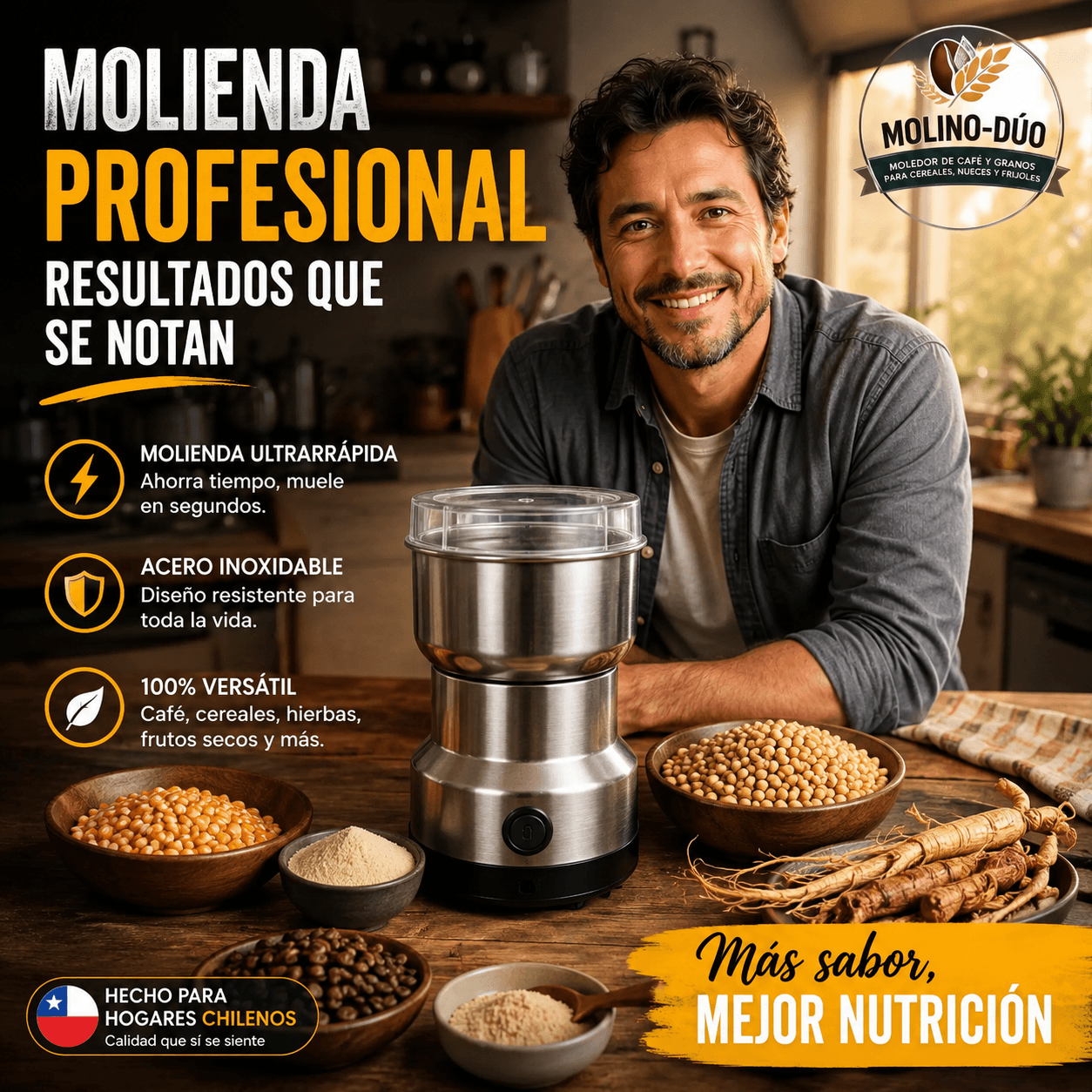 MolinoDuo®️ - El molinillo eléctrico de 300 ml que tritura tus granos de café, especias y nueces en segundos.