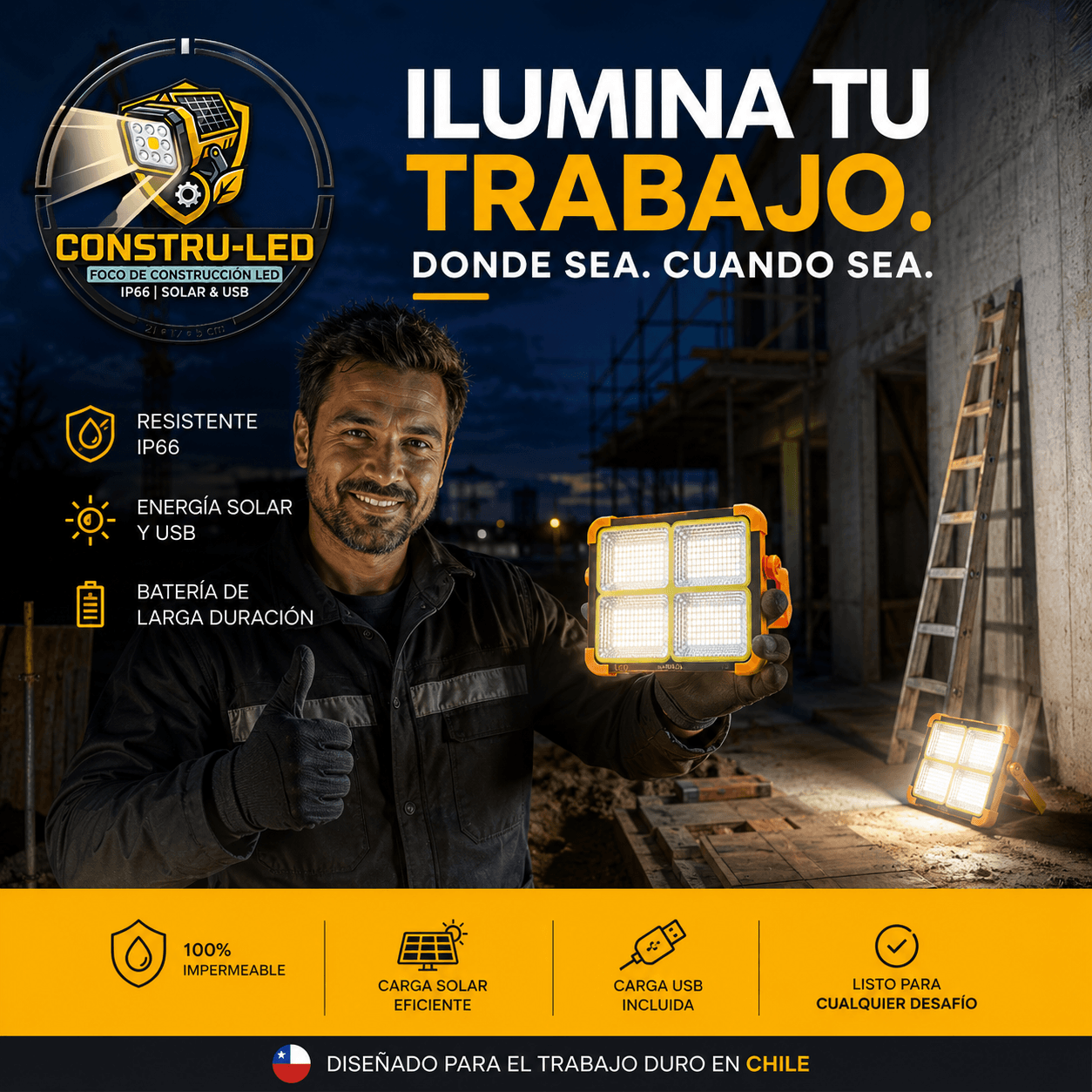 ConstruLed®️- El reflector portátil LED de 200W con carga solar y USB que ilumina tus espacios y carga tu celular