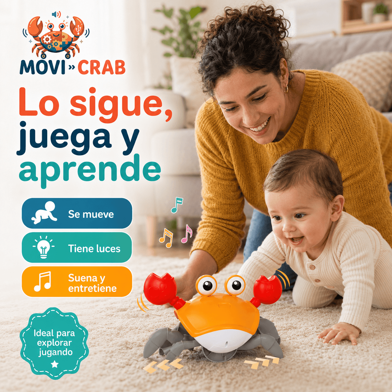 MOVI CRAB®: El cangrejo caminador interactivo que estimula el gateo de tus hijos al instante.