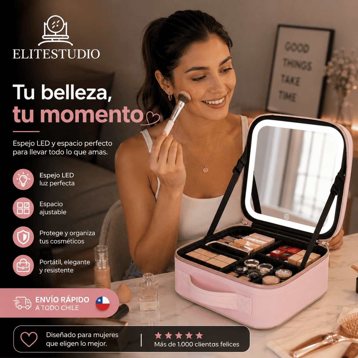 ELITESTUDIO®: Tu estudio de maquillaje profesional, portátil y siempre iluminado.