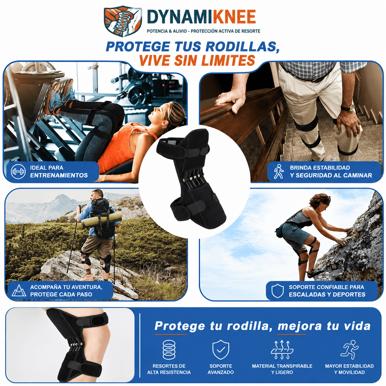 DYNAMIKNEE®: La rodillera con soporte de resorte que asiste tus movimientos al instante.