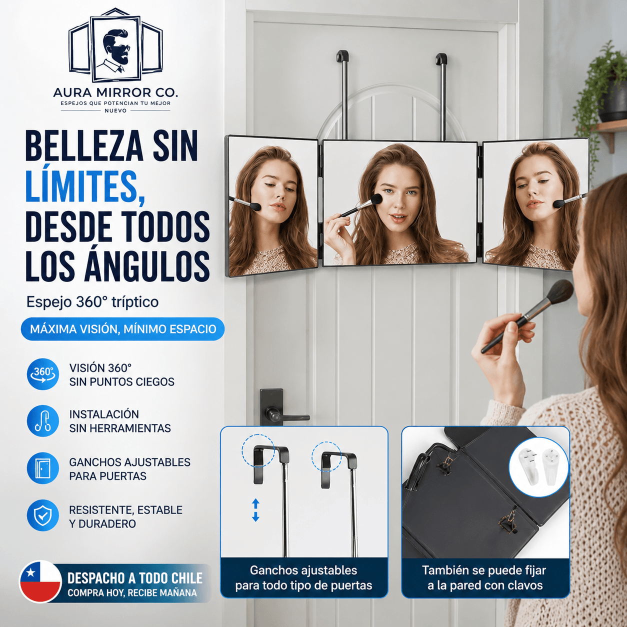 AURA MIRROR CO®: El espejo de 3 vías con ganchos ajustables que te brinda una visión panorámica de 360 grados.