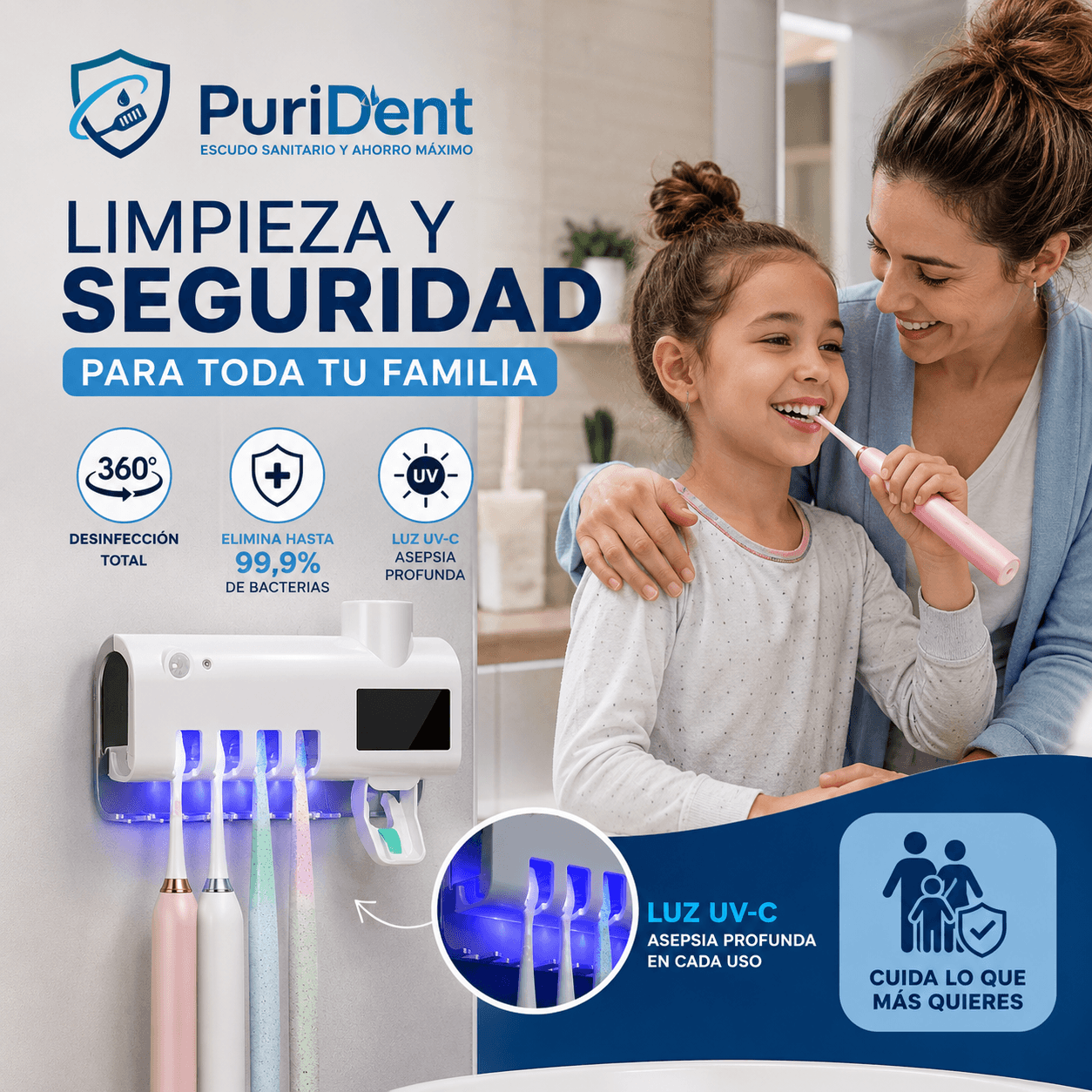 PuriDent®: El soporte inteligente con esterilizador UV que protege tus cepillos de dientes.