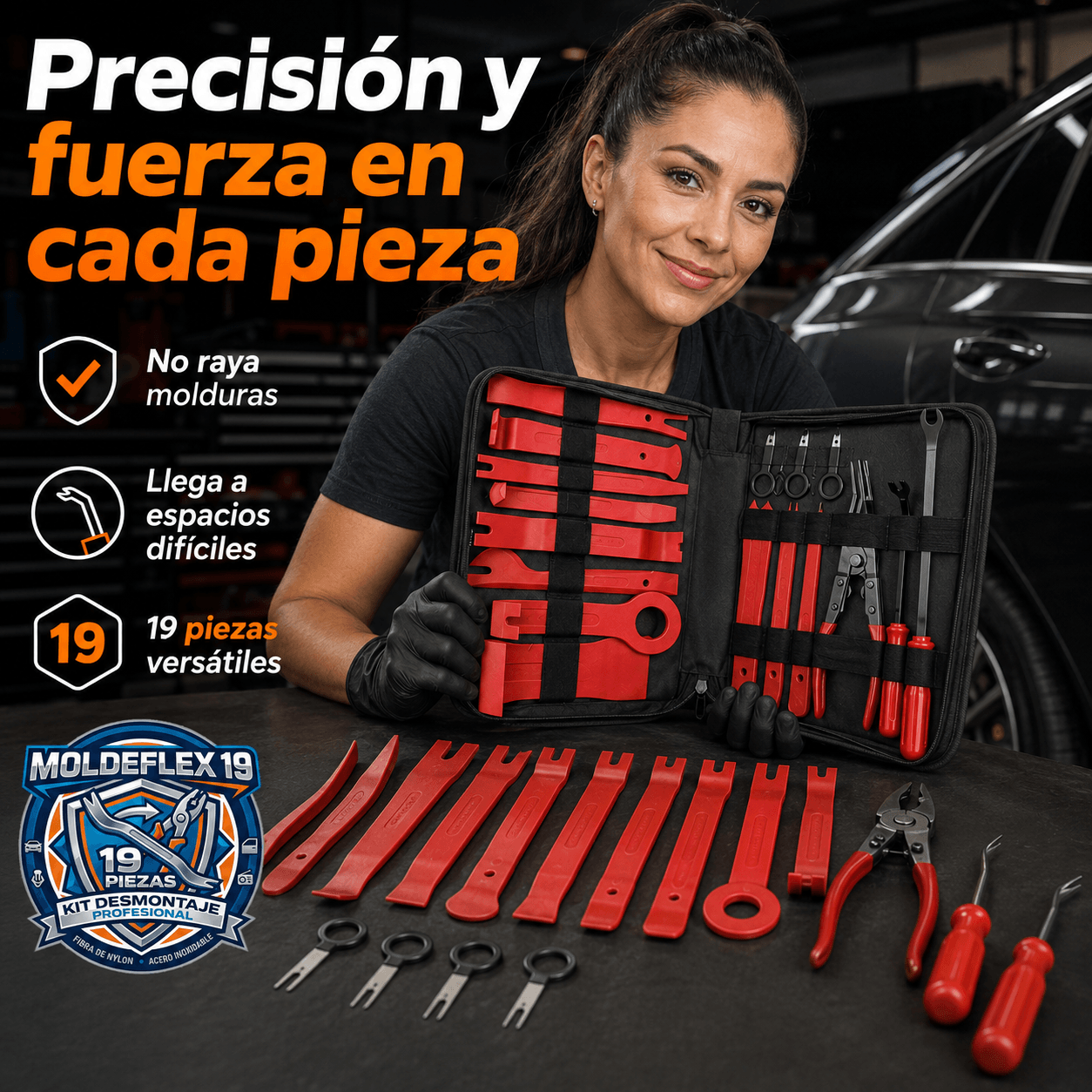 MOLDEFLEX 19®: El kit de desmontaje de 19 piezas que remueve paneles y molduras sin rayar al instante.