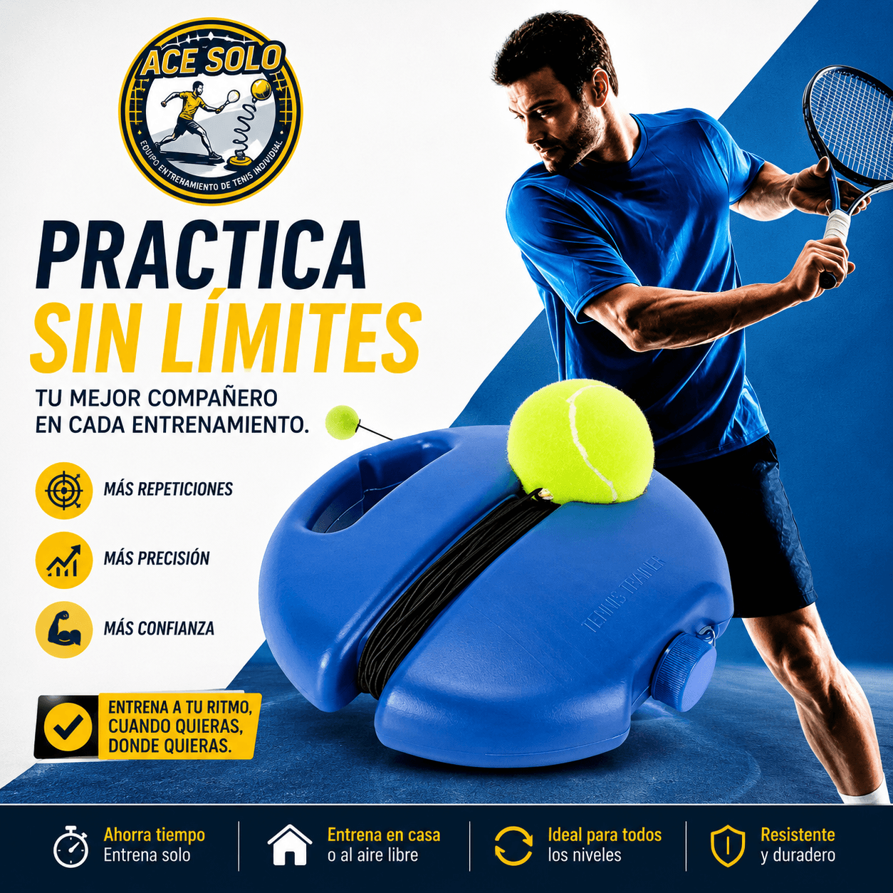 ACE SOLO®: El entrenador de tenis individual con pelota de rebote que te permite practicar en cualquier lugar.