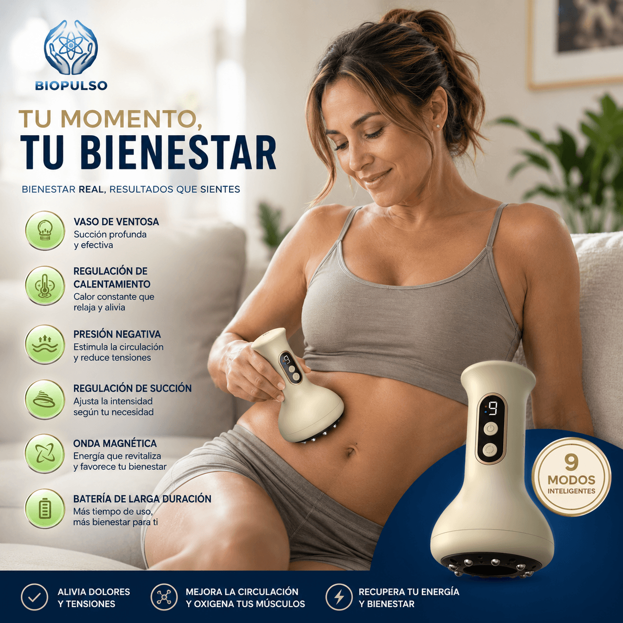 Masajeador BIOPULSO®: Ventosaterapia inteligente y calor para aliviar la tensión muscular.osa de 9 niveles