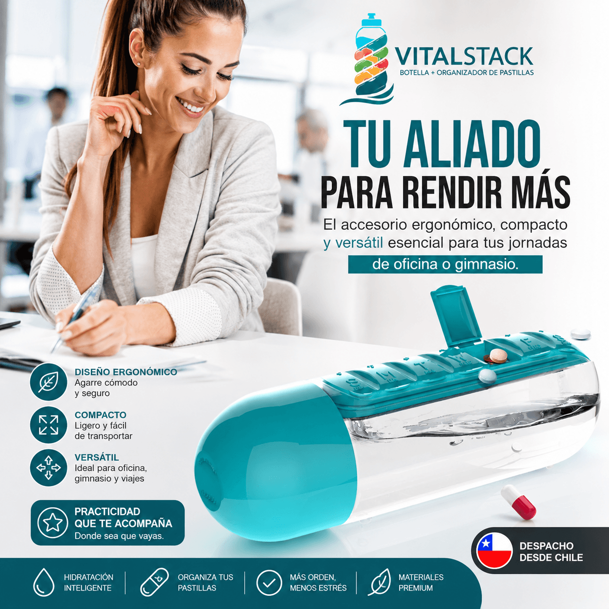 VITALSTACK®: El organizador portátil que combina hidratación y orden semanal en un solo lugar. Oferta 2x1