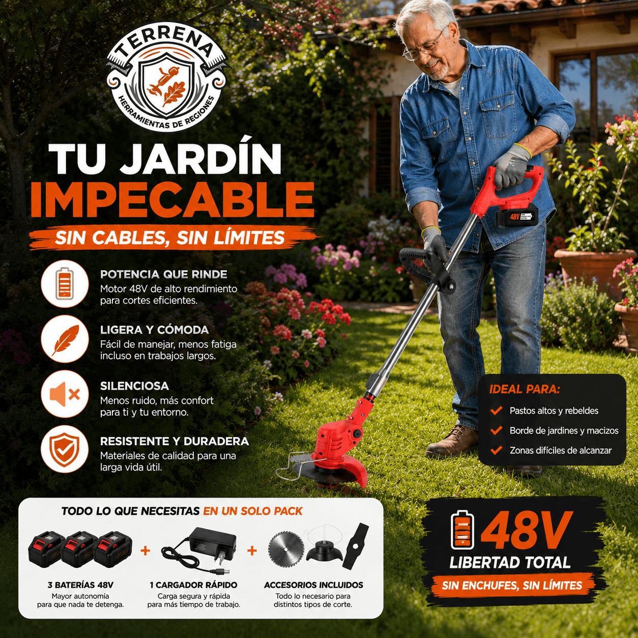 TERRENA®: La cortadora de césped inalámbrica de 8500 RPM con 3 baterías incluidas.