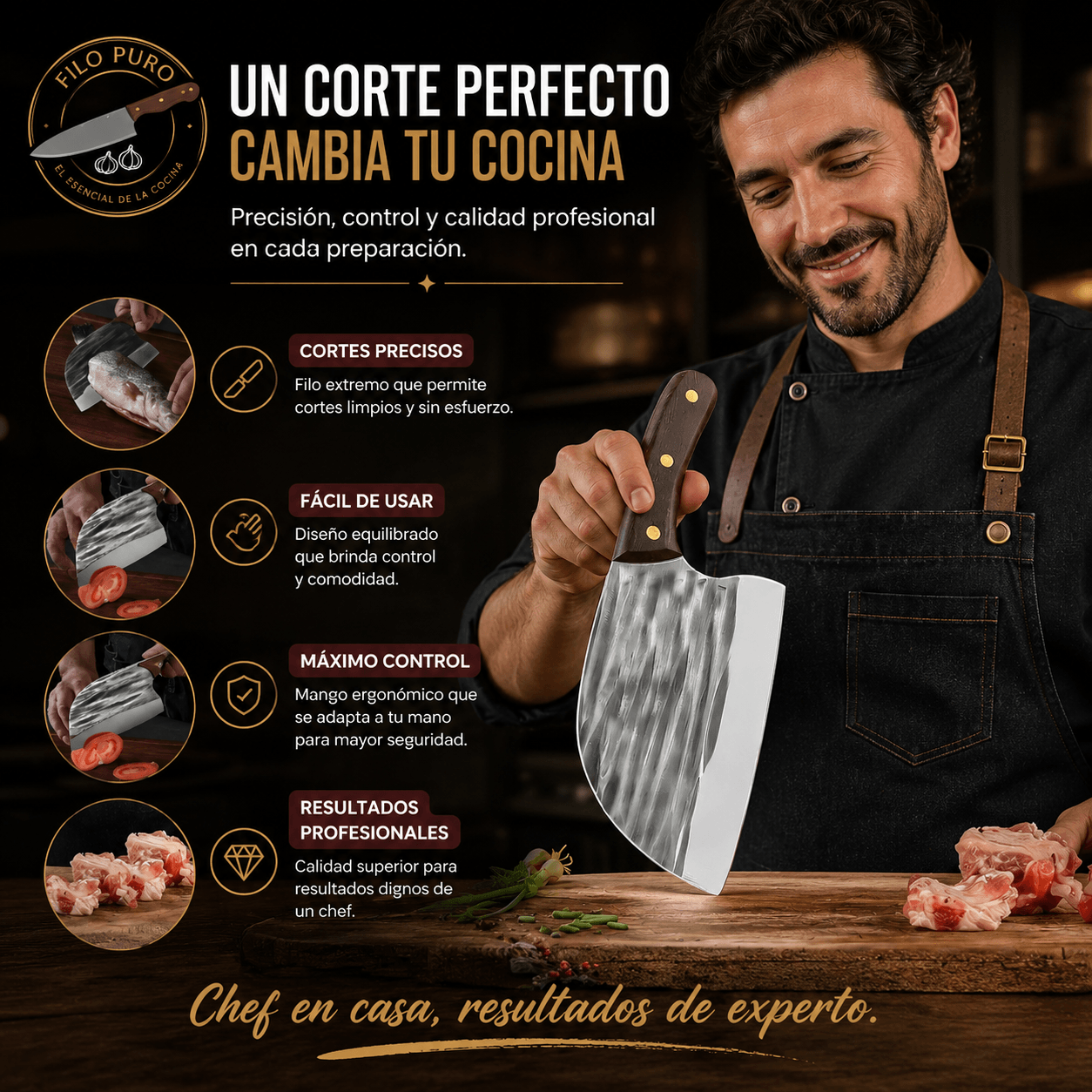 FILO PURO®: El cuchillo de chef forjado que domina el 90% de los cortes en tu cocina.