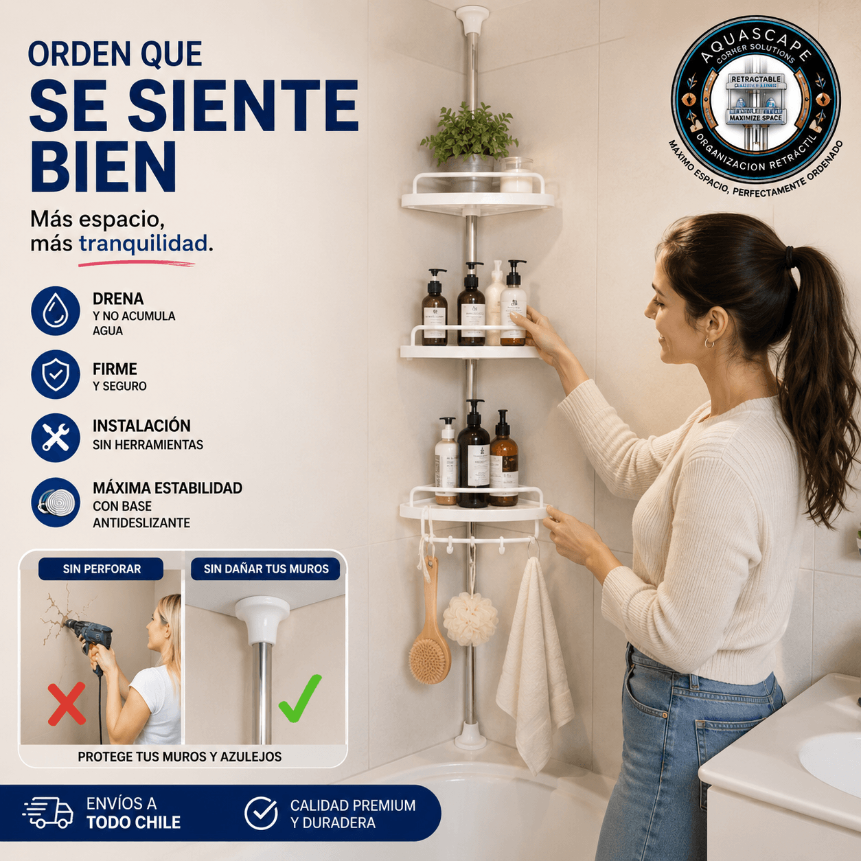 AQUASCAPE®: La repisa esquinera retráctil que duplica el espacio de almacenamiento en tu ducha.