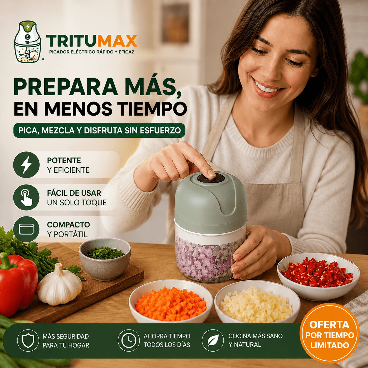 TRITUMAX®: El picador eléctrico inalámbrico de 250ml que simplifica tu cocina en segundos.