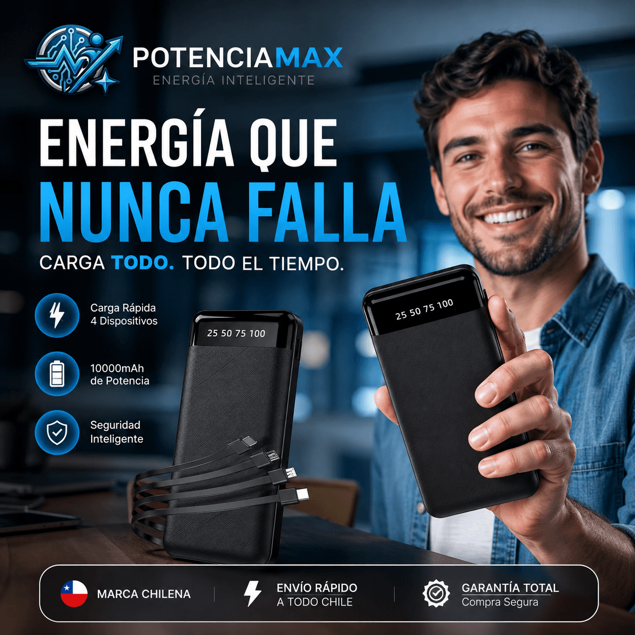 PotenciaMax®: El banco de energía de 10000 mAh y 20W que mantiene tus dispositivos activos en cualquier lugar.
