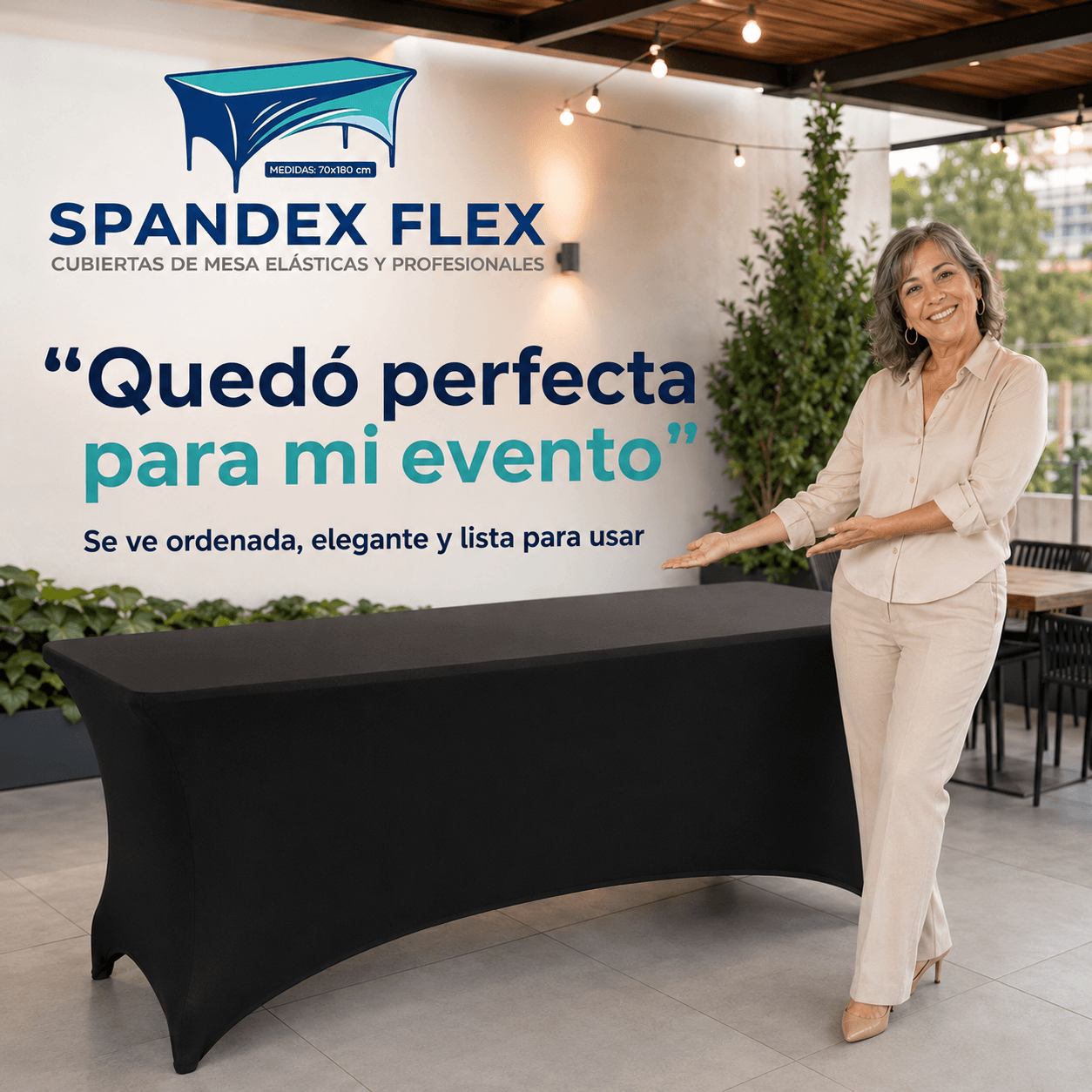 SPANDEX FLEX®: La funda elástica para mesa de 70x180 cm que transforma tus eventos y stands al instante.