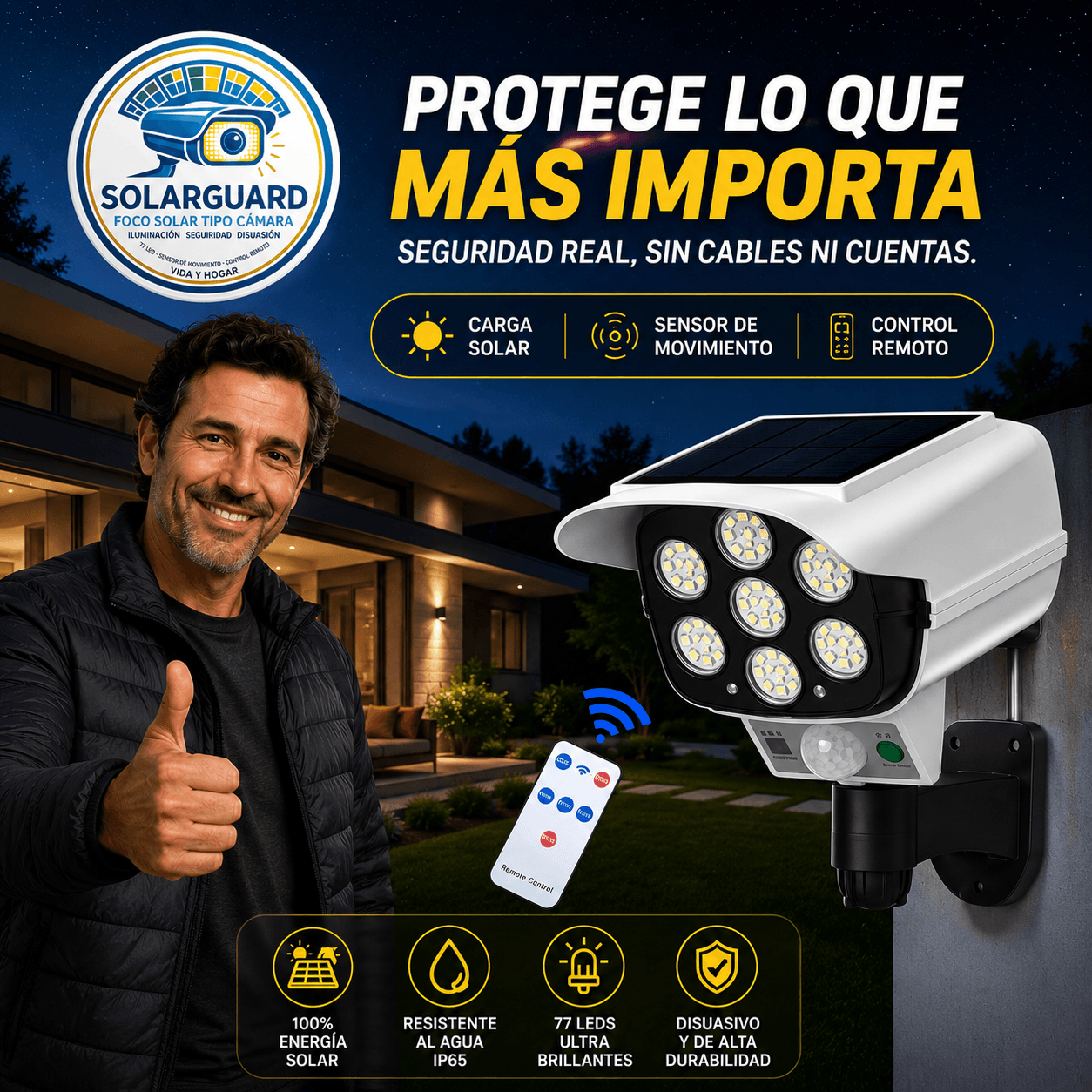 SOLARGUARD®: El foco LED solar tipo cámara que ilumina tus exteriores a costo cero.