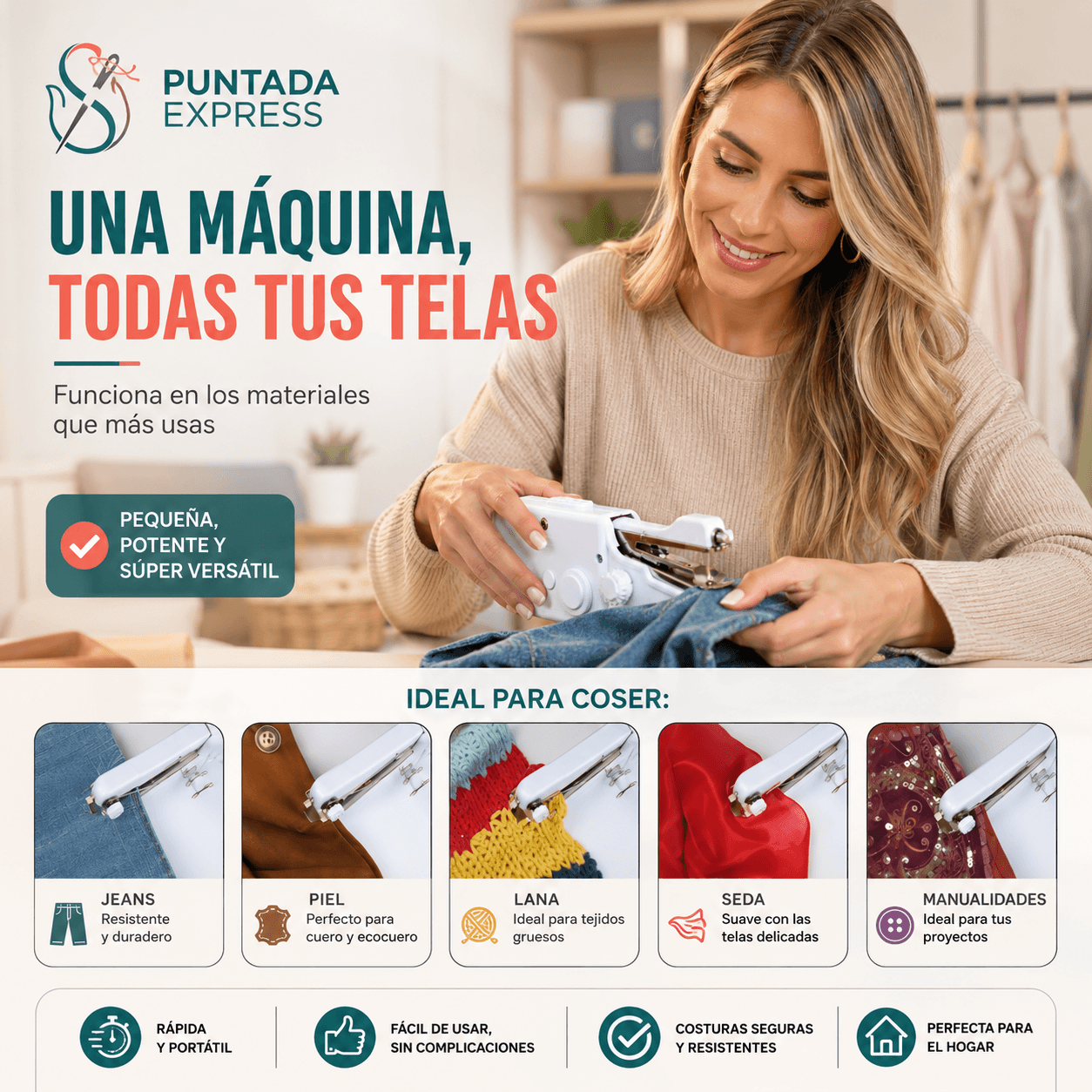 Puntada Express®: La mini máquina de coser de mano que salva tus prendas en segundos.