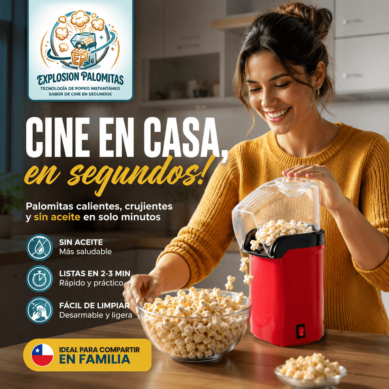 Explosion Palomitas®: La mini máquina de 1200W que prepara tus cabritas saludables en minutos.