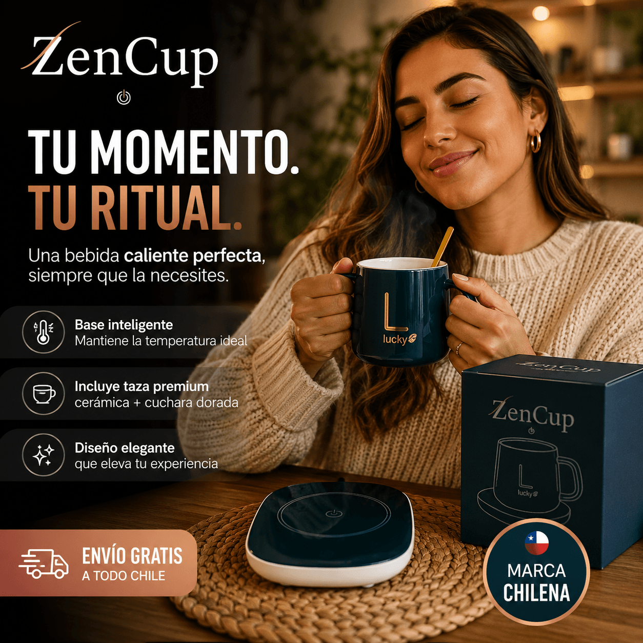 ZENCUP®: El posavasos térmico inteligente que mantiene tus bebidas a 55°C continuos.