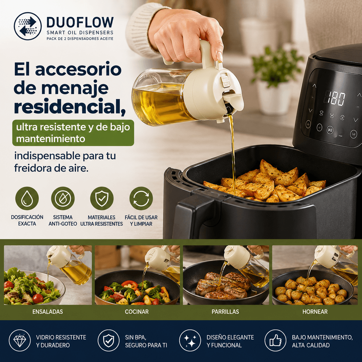 DUOFLOW®: El pack de 2 dispensadores de aceite en vidrio que cambia de spray a chorro al instante.