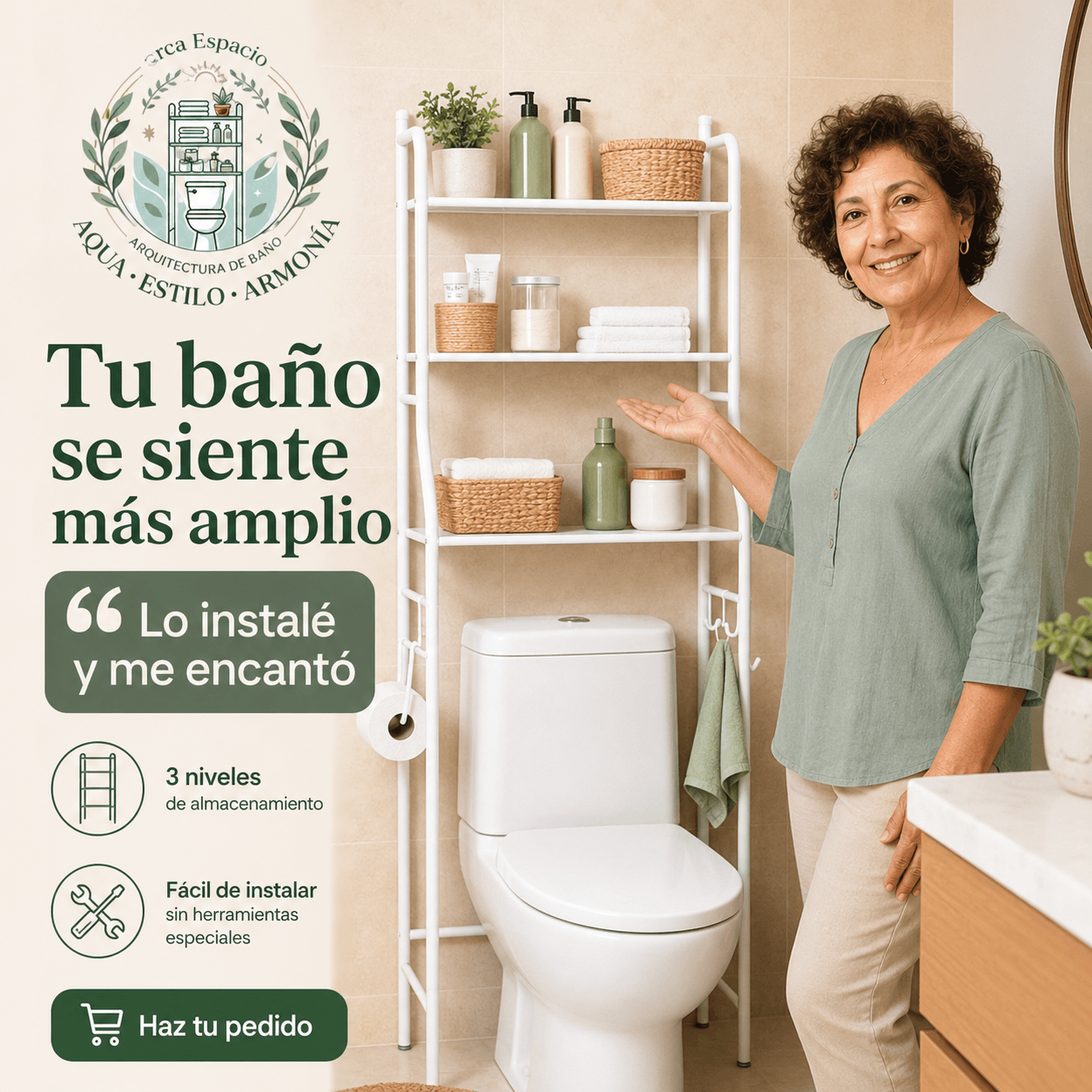 AQUA®: La estantería organizadora de 3 niveles que multiplica el espacio de tu baño al instante.