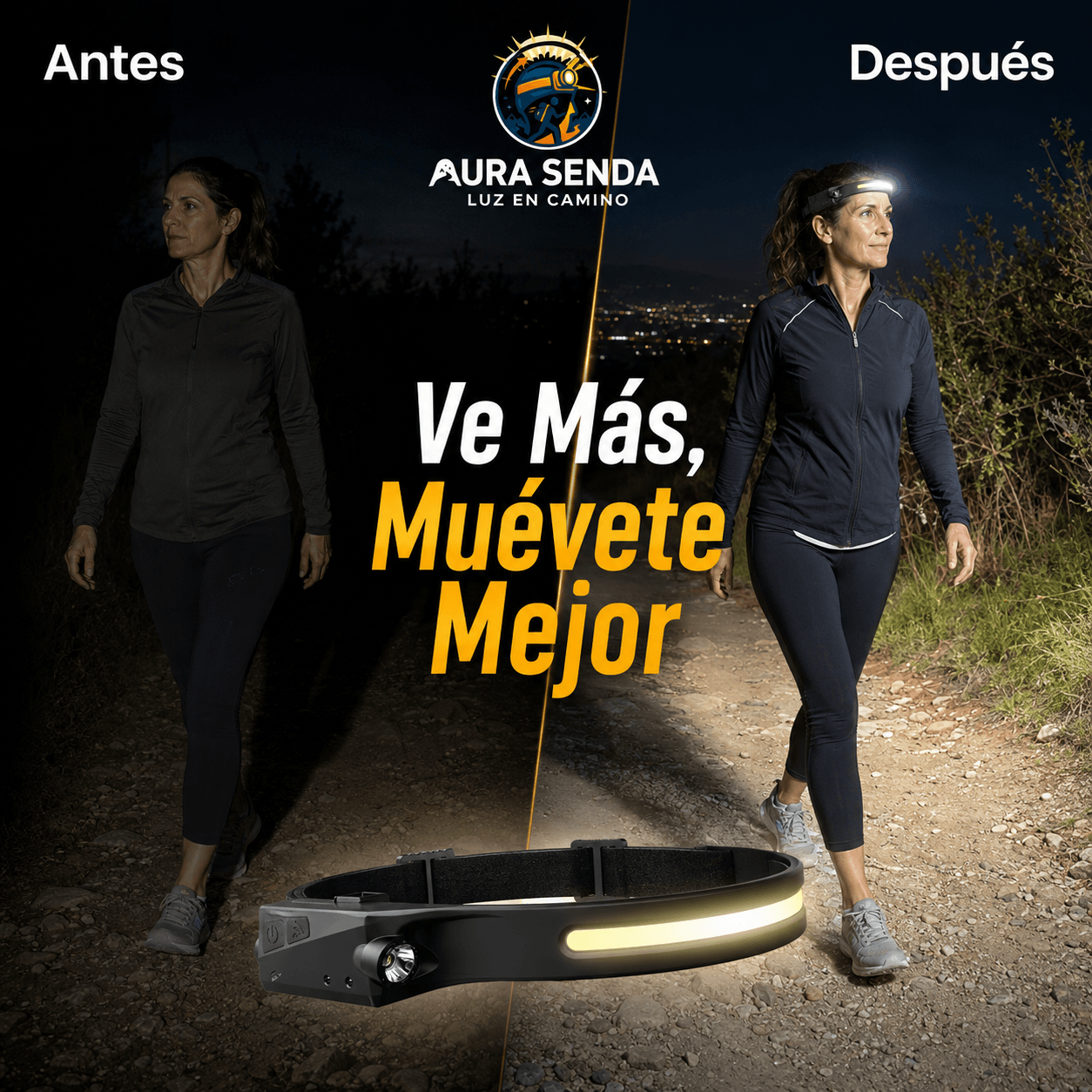 AURA SENDA®: ¡Oferta exclusiva 2x1! La linterna LED de cabeza con sensor que ilumina tus rutas al instante.