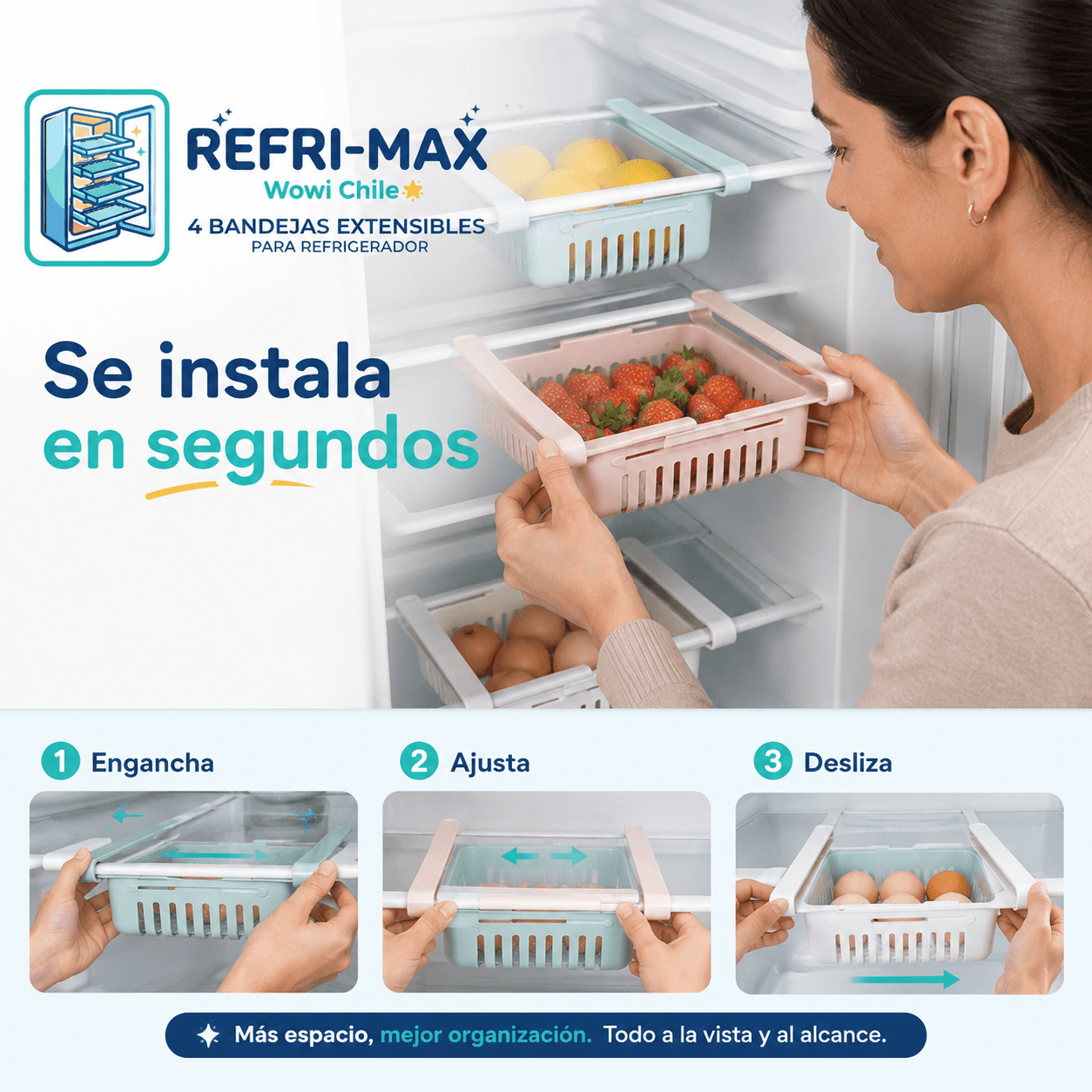 REFRI-MAX®: El pack de 4 bandejas extensibles que duplica el espacio de tu refrigerador al instante.
