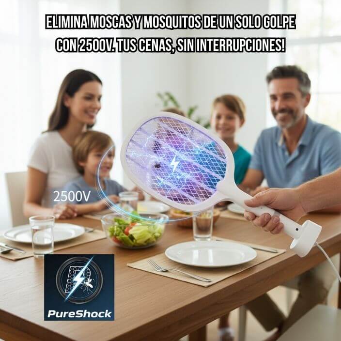 PureShock®️ - Raqueta Mata Moscas Profesional: Potencia de 2500V y Recarga Directa