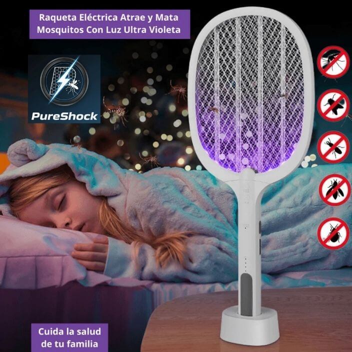 PureShock®️ - Raqueta Mata Moscas Profesional: Potencia de 2500V y Recarga Directa