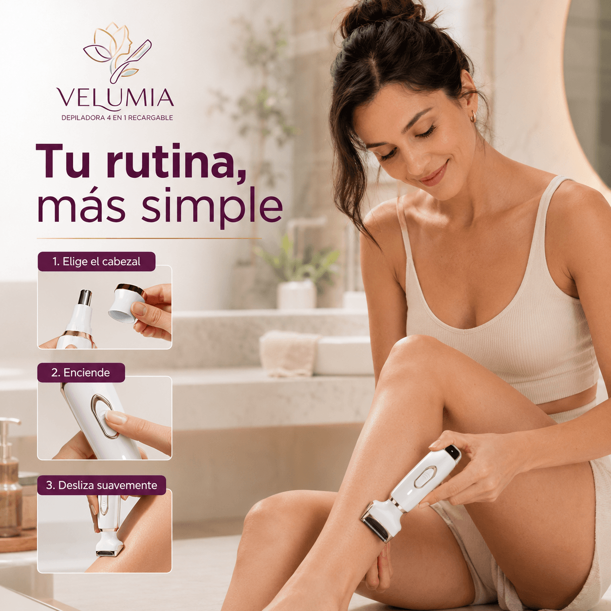 VELUMIA®: La depiladora recargable 4 en 1 que remueve el vello sin dolor ni irritación al instante.
