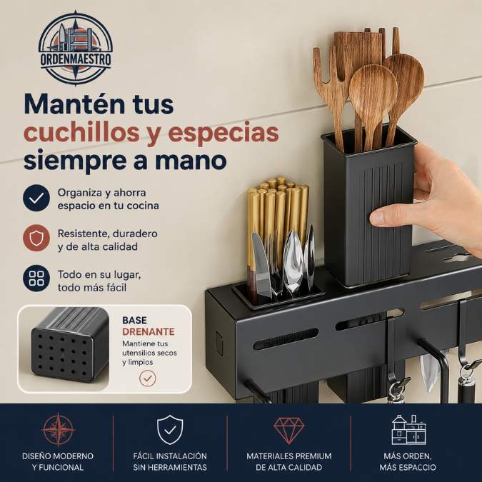 ORDENMAESTRO®: Funcionalidad 3 en 1 para organizar tus utensilios en segundos.