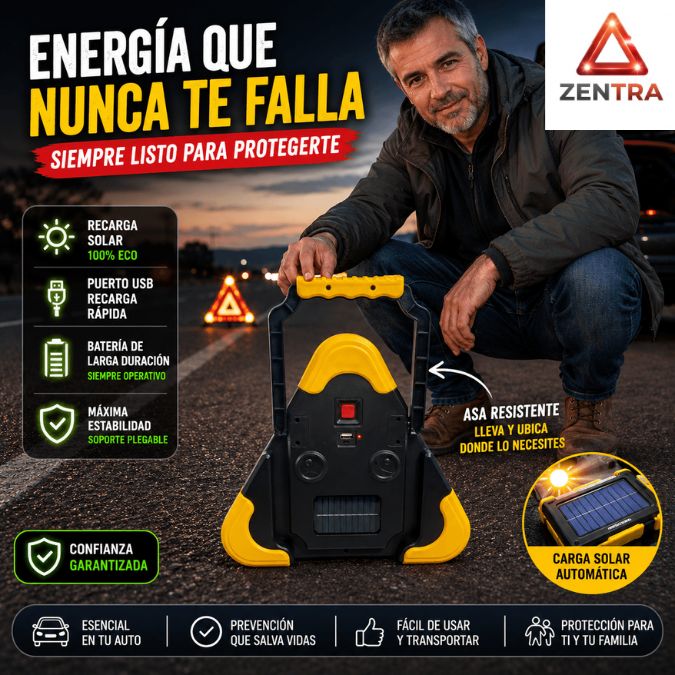 ZENTRA®: Triángulo de Emergencia 3 LED Máxima visibilidad, carga solar y protección en cada viaje.