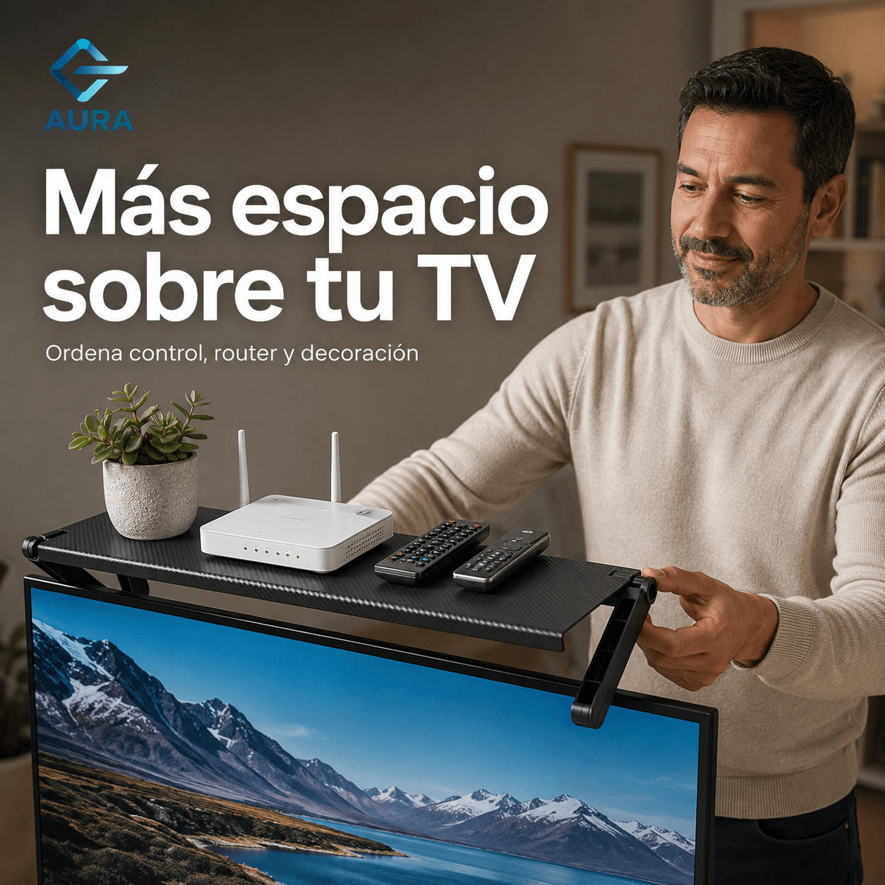 AURA®: El estante de soporte ajustable para TV que maximiza y organiza tus espacios al instante.