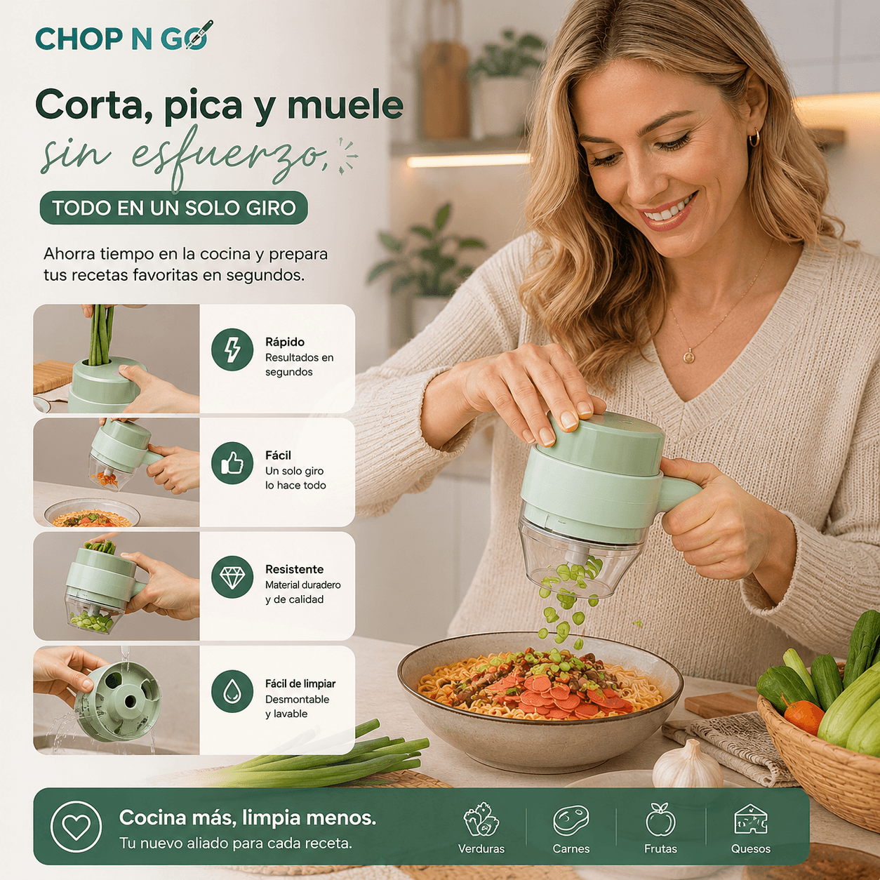 CHOP N GO®: El picador eléctrico recargable USB que procesa tus vegetales y carnes en segundos.