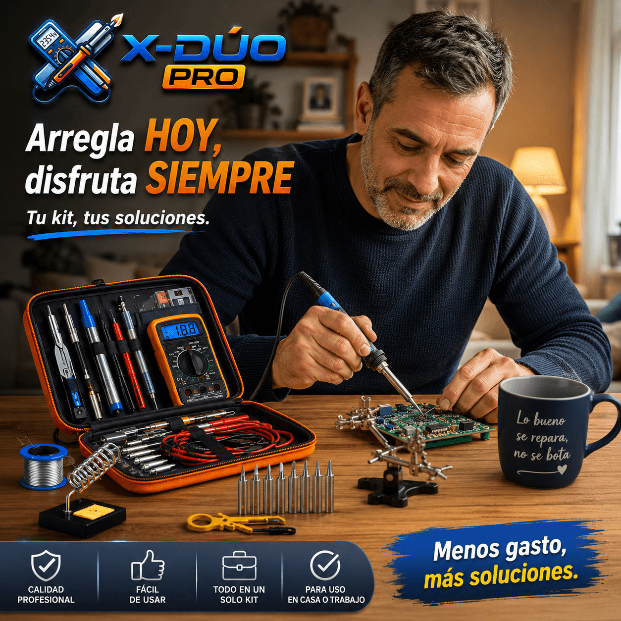 X-DUO PRO®: Medición exacta de voltajes, cautín térmico eficiente y accesorios de seguridad incluidos.