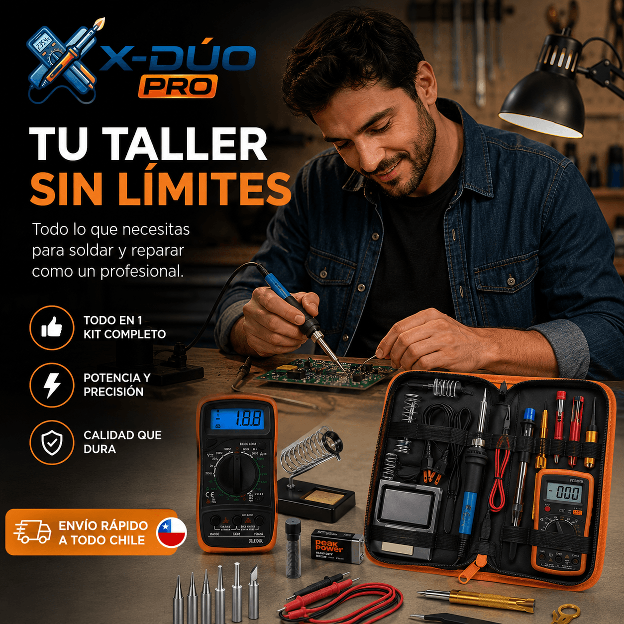 X-DUO PRO®: Medición exacta de voltajes, cautín térmico eficiente y accesorios de seguridad incluidos.