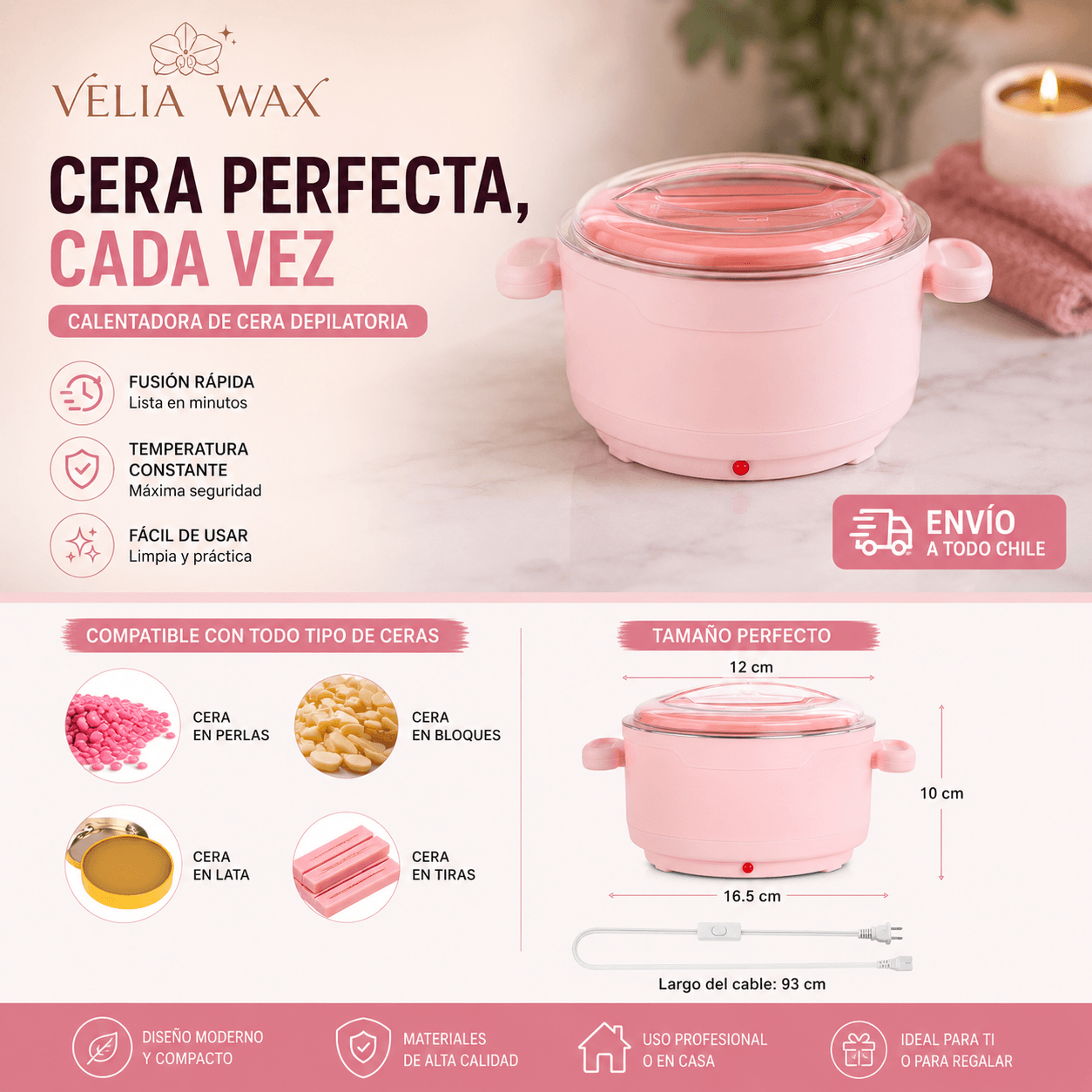 VELIA WAX®: El mini calentador de cera con taza de silicona flexible que se limpia en segundos.