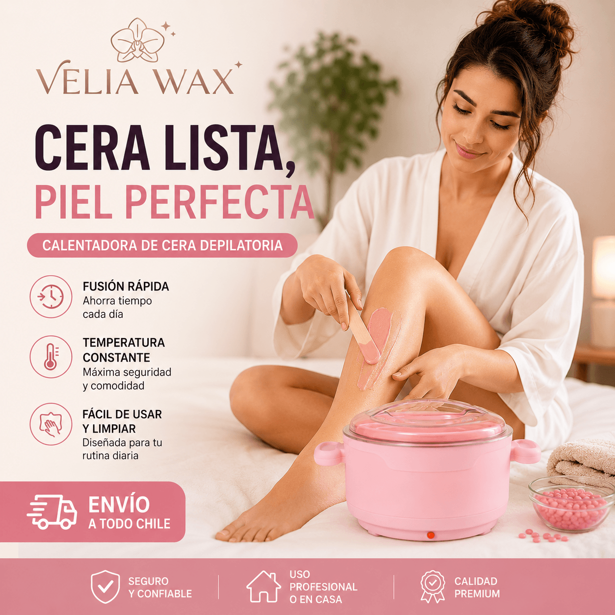 VELIA WAX®: El mini calentador de cera con taza de silicona flexible que se limpia en segundos.