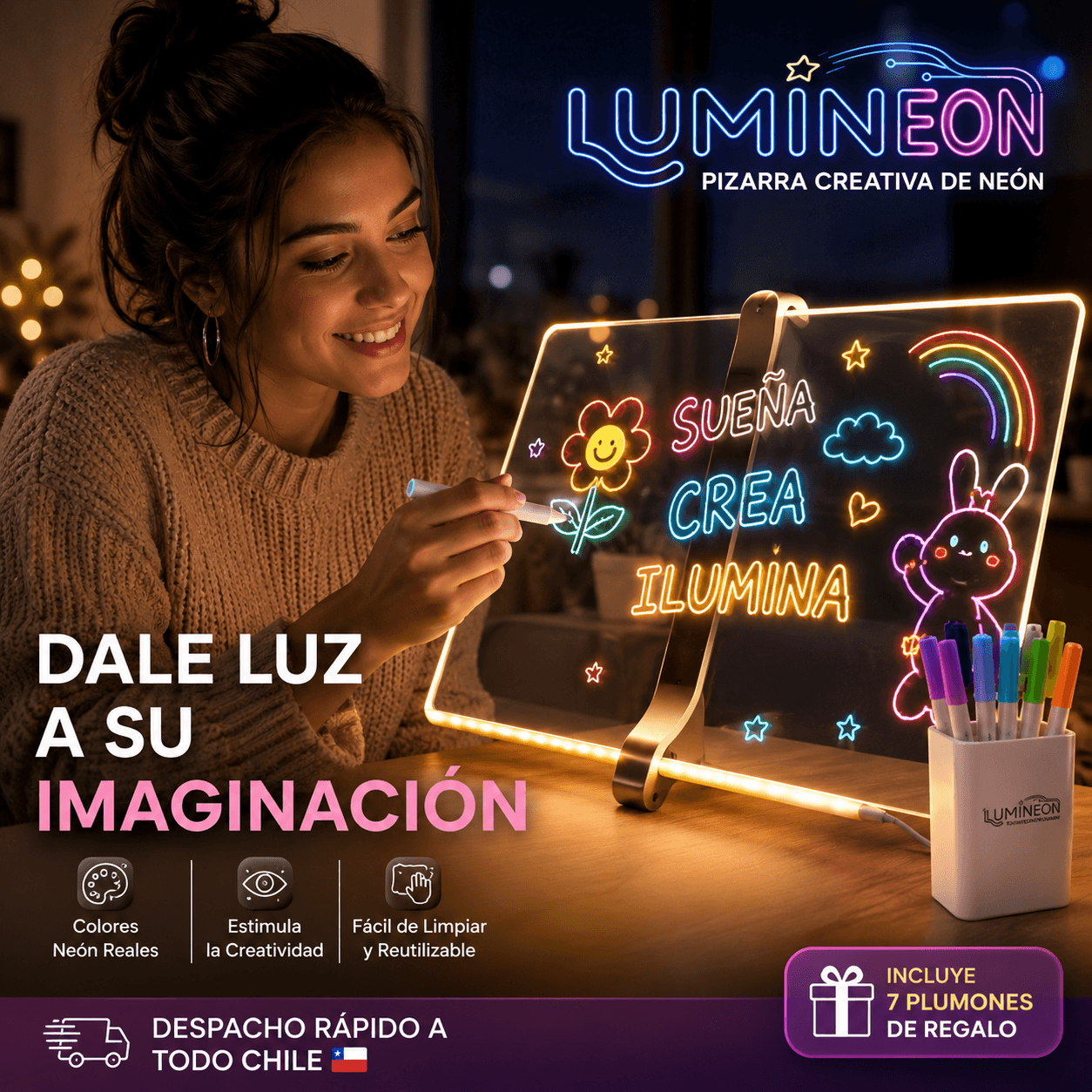 LUMINEON®: La pizarra acrílica con luz LED que transforma tus notas y dibujos en brillantes letreros de neón.