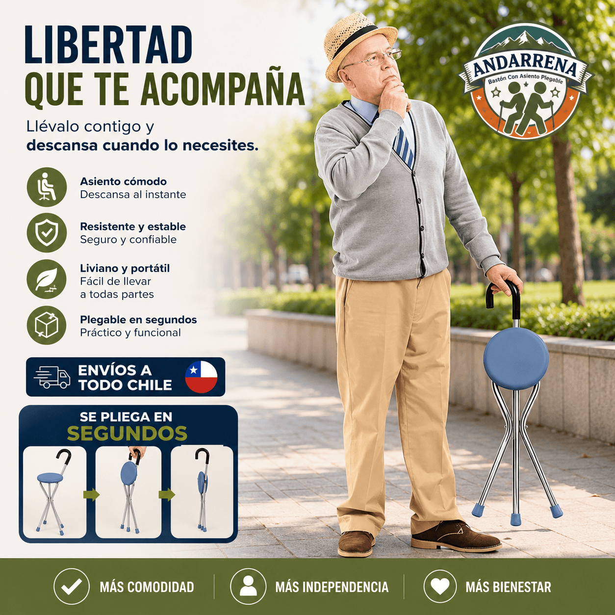 ANDARRENA®: El bastón con asiento plegable que te brinda estabilidad al caminar y descanso al instante.