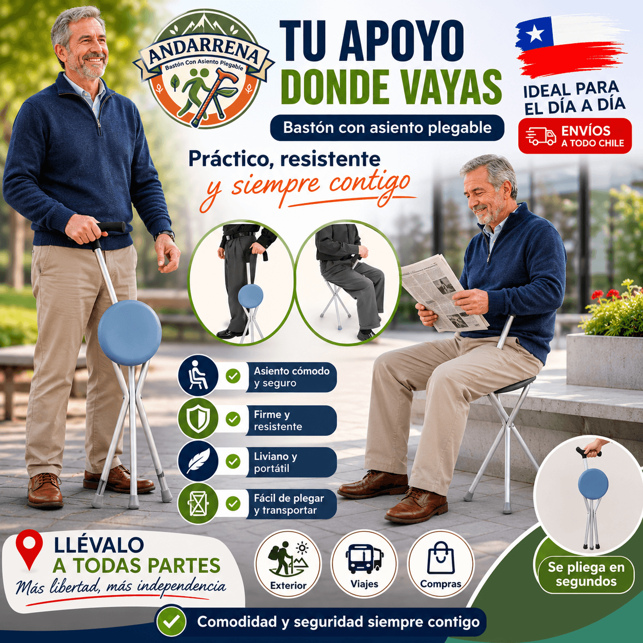 ANDARRENA®: El bastón con asiento plegable que te brinda estabilidad al caminar y descanso al instante.