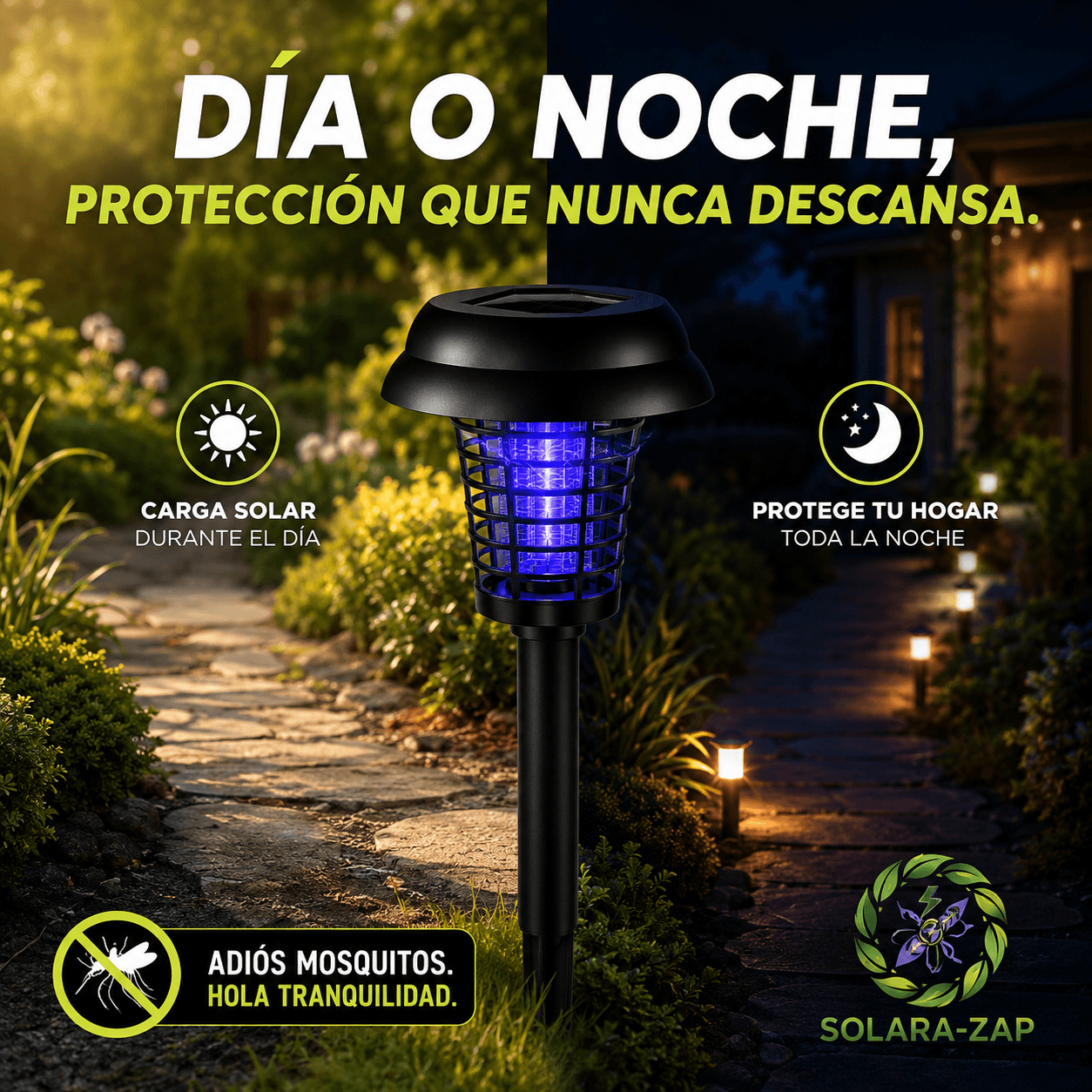 SOLARA-ZAP®: La lámpara exterior solar de doble luz que decora tu jardín y controla los insectos voladores.