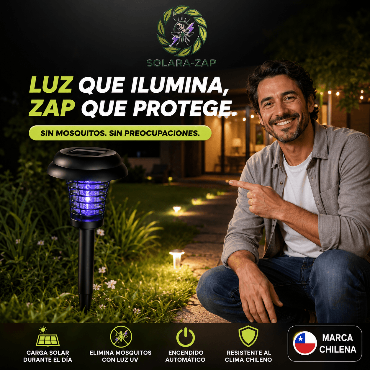 SOLARA-ZAP®: La lámpara exterior solar de doble luz que decora tu jardín y controla los insectos voladores.