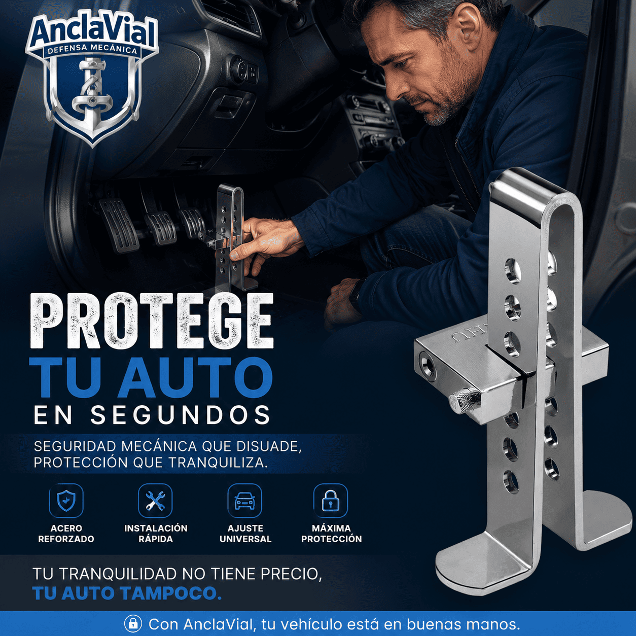 ANCLAVIAL®️: El traba pedal de acero inoxidable que hace tu auto impenetrable.