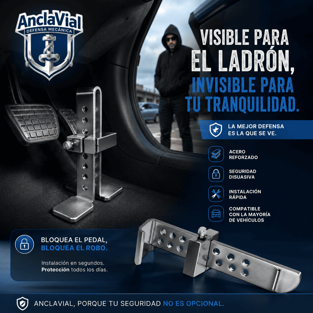 ANCLAVIAL®️: El traba pedal de acero inoxidable que hace tu auto impenetrable.