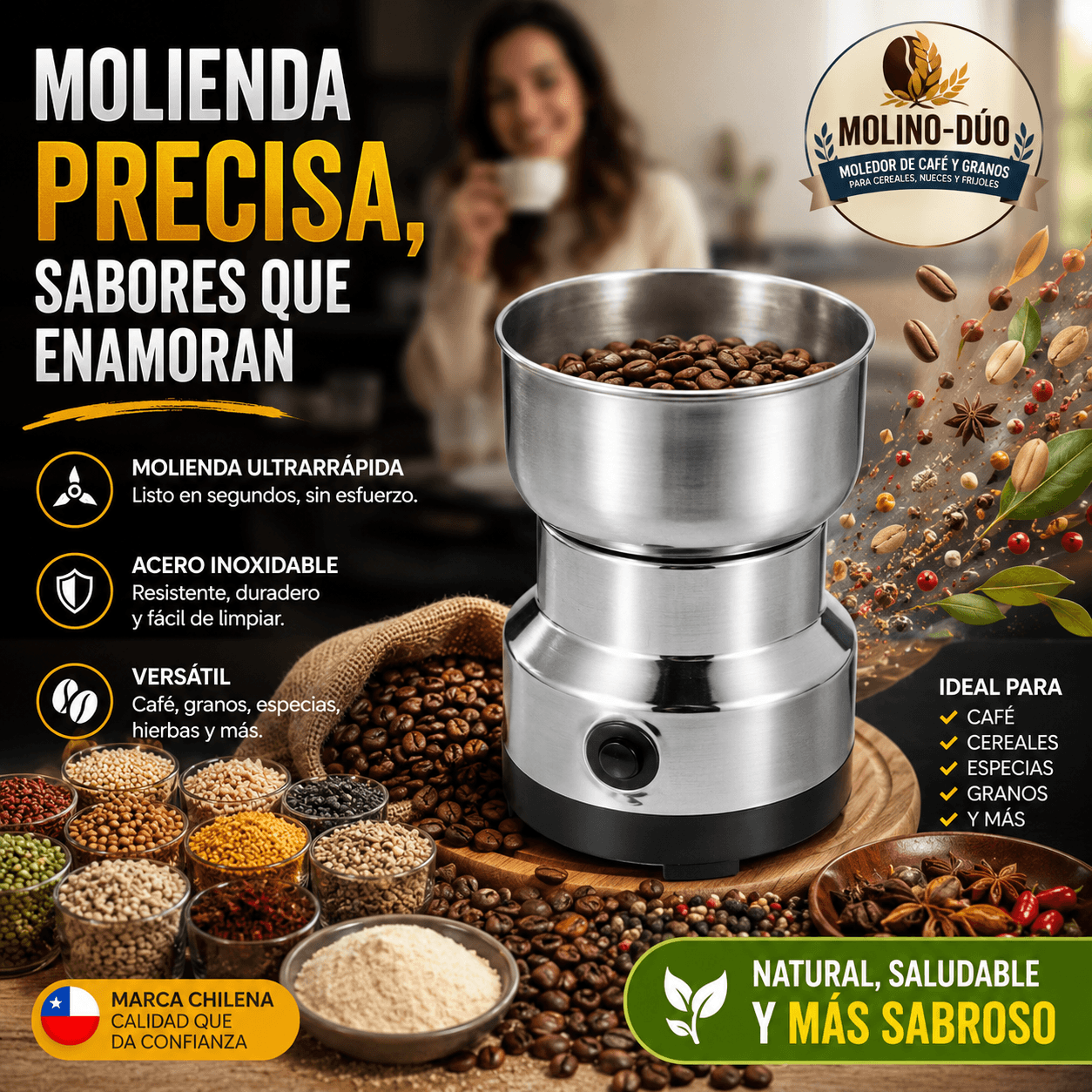 MolinoDuo®️ - El molinillo eléctrico de 300 ml que tritura tus granos de café, especias y nueces en segundos.