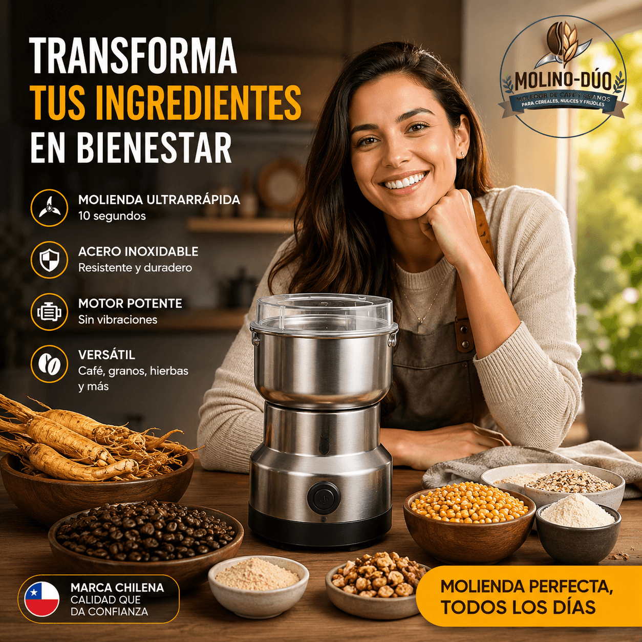 MolinoDuo®️ - El molinillo eléctrico de 300 ml que tritura tus granos de café, especias y nueces en segundos.