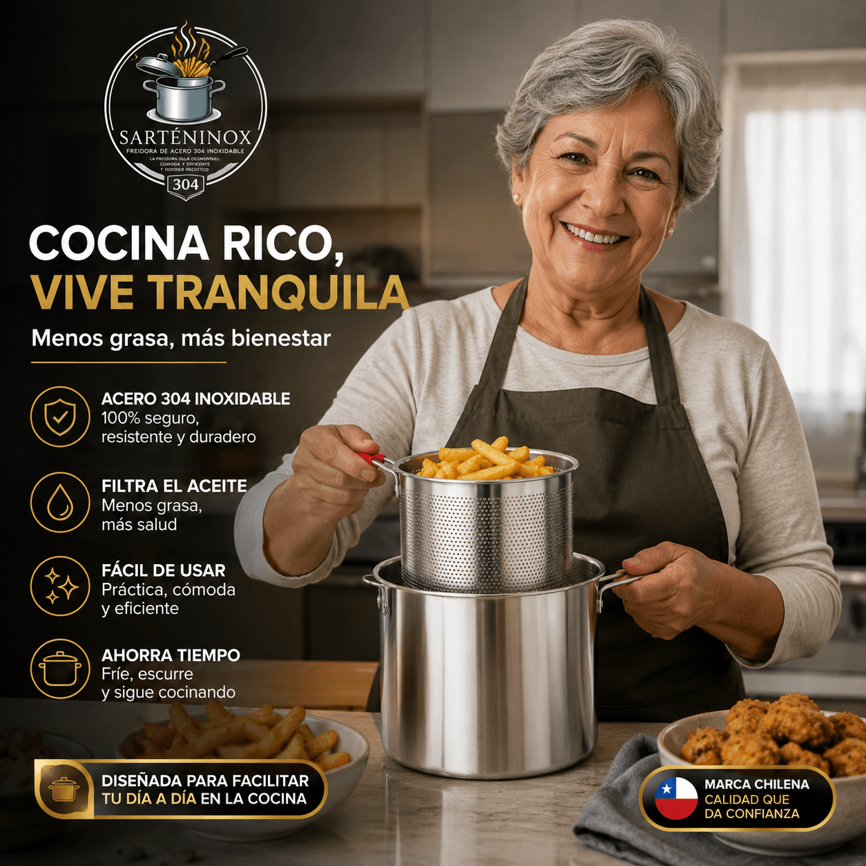 SARTENINOX®️- La olla con filtro de acero inoxidable para freír, escurrir y reutilizar tu aceite al instante